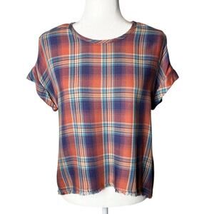Anthropologie Cloth & Stone Womens Mallory Button Back Top XS Plaid Short Sleeve